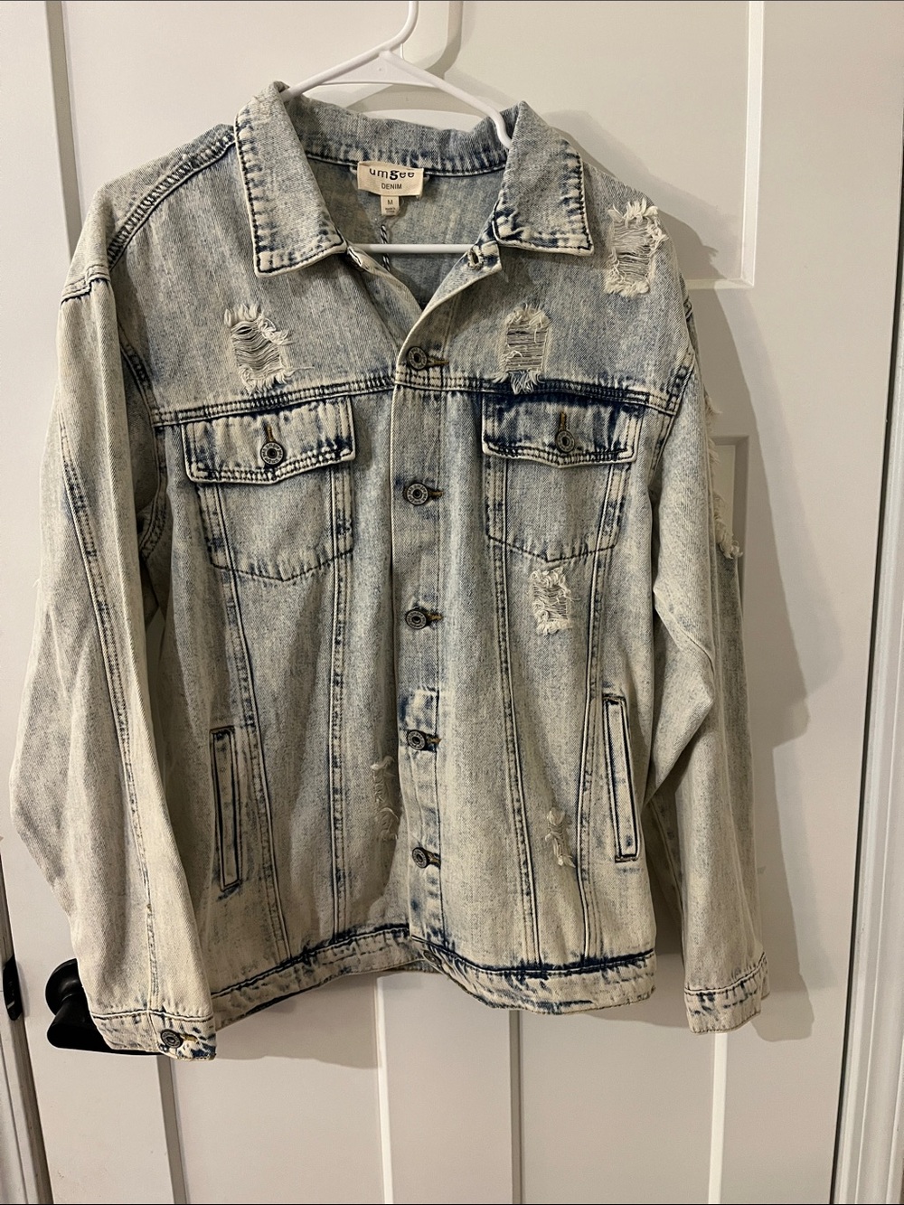 Umgee Distressed Light Wash Denim Jacket - Blue, White